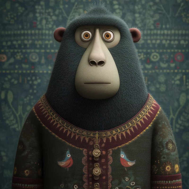 A detailed animated character of a wise, anthropomorphic bear dressed in traditional, ornate clothing with intricate patterns, set against a mystical, glowing forest background.