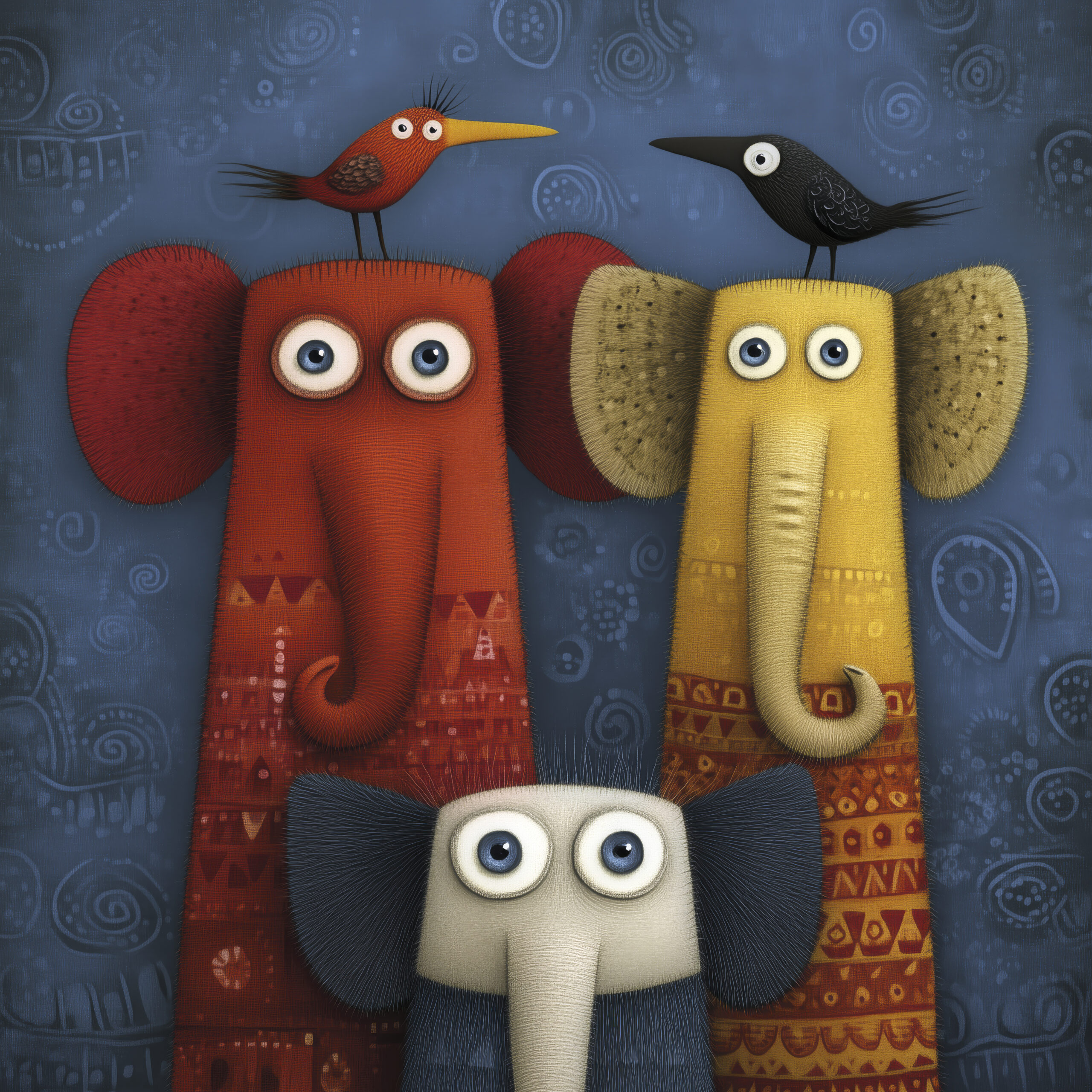 Vibrant elephant artwork featuring playful, stylized elephants with colorful details and charming bird companions, perfect for modern art decor.