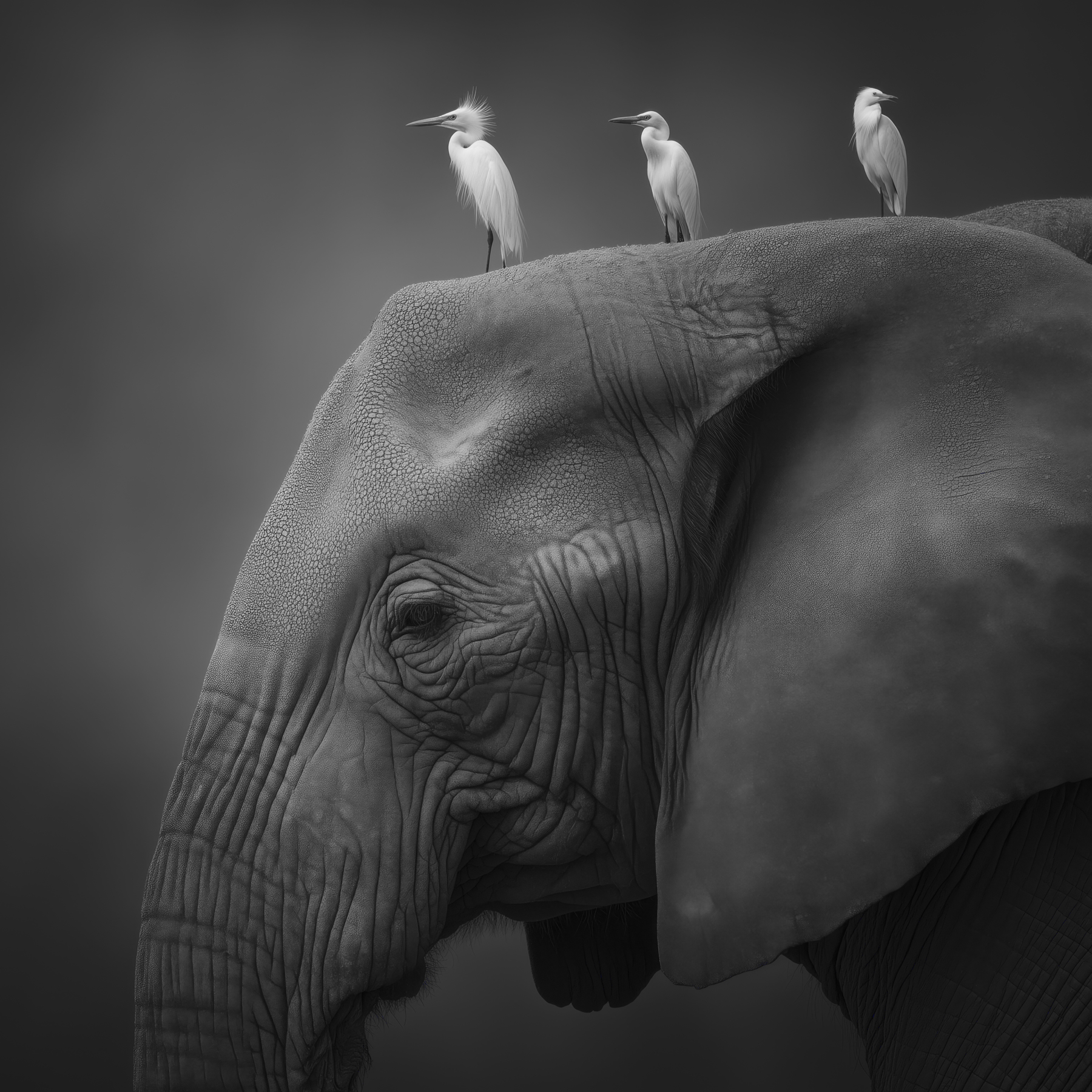 Black and white fine-art wildlife photograph of an African elephant in side profile with egrets perched on its back, emphasising texture, scale, and calm presence.