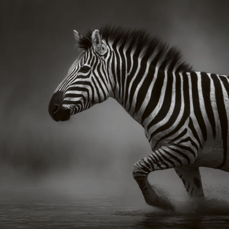 Black and white zebra running through water with splashes, showcasing wild animal movement and natural habitat.